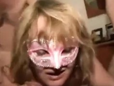 Insatiable milf gangbang vintage lady takes 3 cocks in masked movie scene