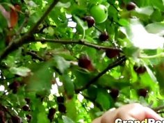 A very hot teen helps horny grandpa in a garden before he fucks her wet pussy