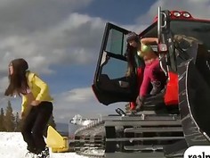 Sexy badass babes enjoy snow boarding while all naked